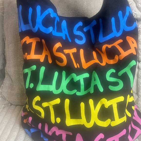 Multicolor Graffiti Print Black Tote - St. Lucia Script Beach Boho Bag - Picture 3 of 7